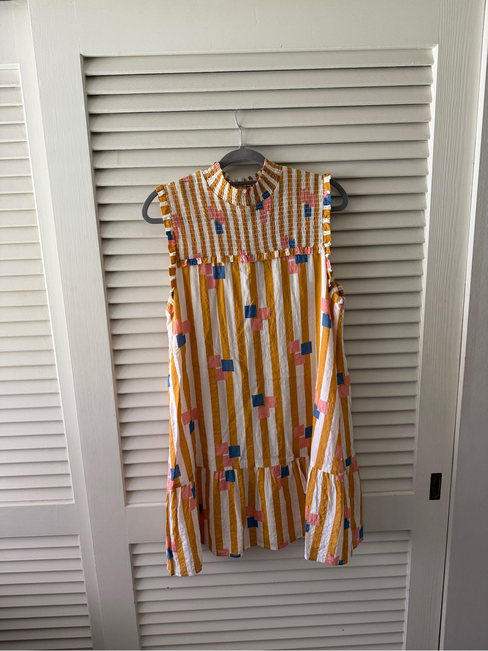 THML Mustard, White, Pink & Blue Striped Smocked Dress